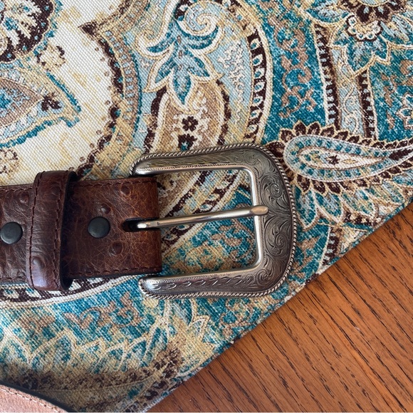 3D Genuine Leather Ostrich statement belt western silver tone engraved buckle 40 - Picture 3 of 11